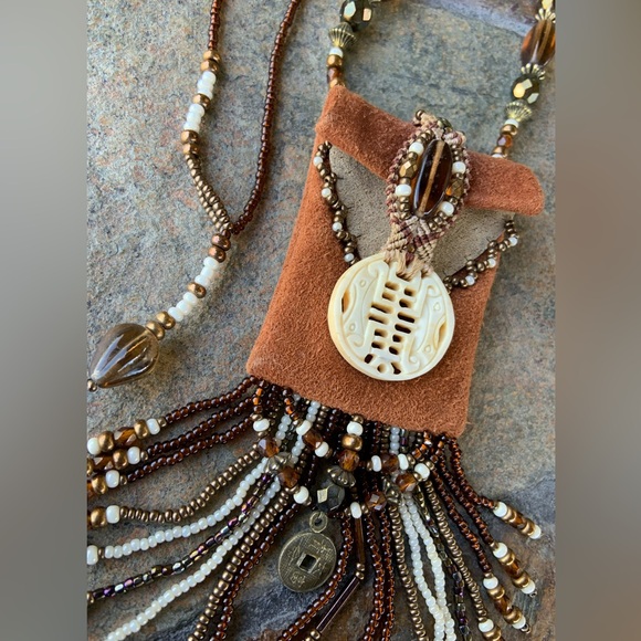 Native American Deerskin Leather Bead & Ivory  Fringed Pouch Bag Necklace - Picture 6 of 13